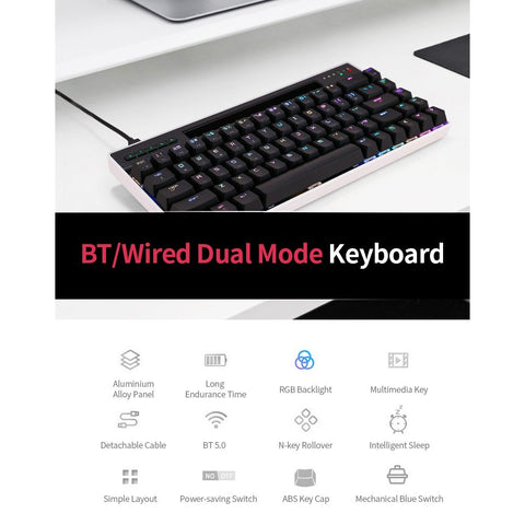 Magic-Refiner MK16 Mechanical Keyboard BT Wired Dual Mode Keyboard 68 Keys RGB Gaming Keyboard with Mechanical Blue Switch White