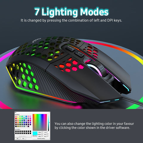 X801 Wired RGB Gaming Mouse with 7 Programmable Buttons Back-to-desktop Button 6 Adjustable DPI Levels 7 Lighting Modes White