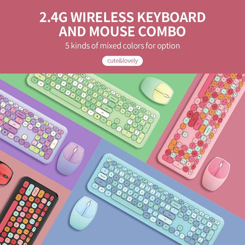 Mofii 666 Keyboard Mouse Combo Wireless 2.4G Mixed Color 110 Key Keyboard Mouse Set with Round Punk Keycaps for Girl Green