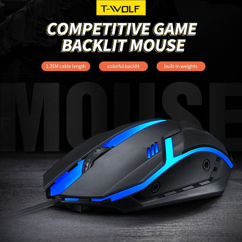 T-WOLF V1 Wired Gaming Mouse 3 Button 7 Colorful Backlight 1200 DPI Office Mouse Built-in Weights for Laptop/PC
