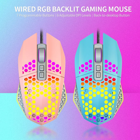 Wired RGB Backlit 8000 DPI Gaming Mouse 7 Programmable Buttons 6 Adjustable DPI Levels Back-to-desktop Button, Pink
