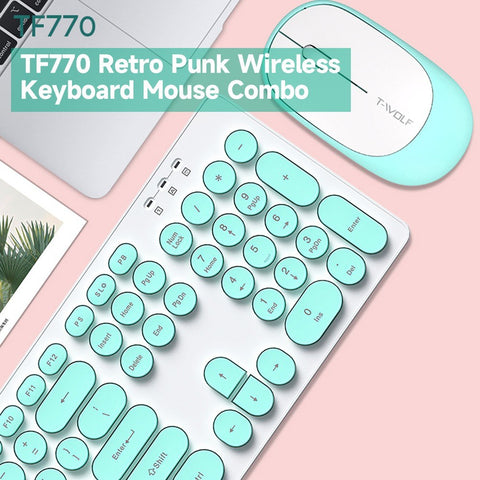 T-WOLF TF770 2.4G Wireless Keyboard Mouse Combo Retro Punk Round Keycap Comfortable Mute Typing Wide Compatibility Blue