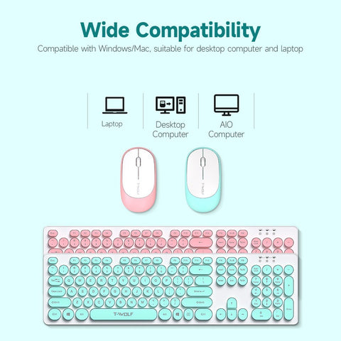T-WOLF TF770 2.4G Wireless Keyboard Mouse Combo Retro Punk Round Keycap Comfortable Mute Typing Wide Compatibility Blue