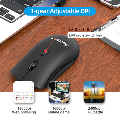 YWYT G864 2.4G Wireless Mouse Ergonomic Design 3-gear Adjustable DPI Built-in 500mAh Rechargeable Lithium Battery Black