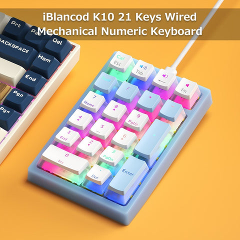 iBlancod K10 21 Keys Wired Mechanical Numeric Keyboard RGB Backlight Effect Mechanical Yellow Switches Pudding Keycaps Blue
