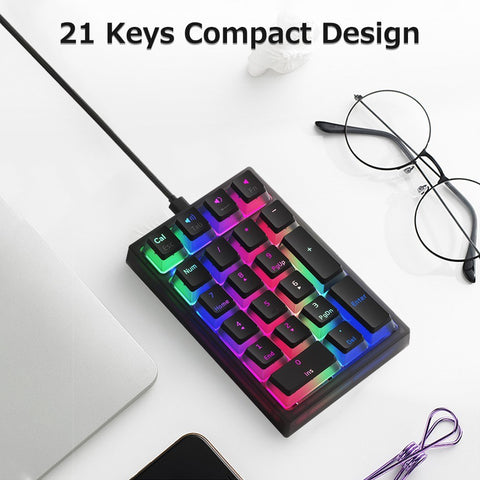 iBlancod K10 21 Keys Wired Mechanical Numeric Keyboard RGB Backlight Effect Mechanical Yellow Switches Pudding Keycaps Blue