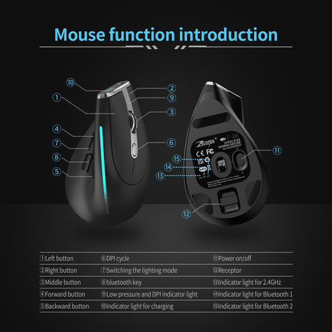 ZELOTES F-36 Wireless vertical 2.4G Bluetooth mouse full color light 8 key programming five DPI game mouse built-in 730mah lithium battery Black