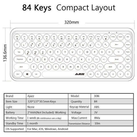 Ajazz 308i Bluetooth Keyboard Round Key Cap 10m Bluetooth Connection 84 Keys for Windows 2000, Windows XP, Windows ME, Windows VISTA, Windows 7/8/10 Green