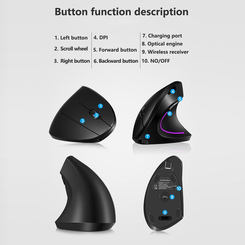 2.4G Wireless Vertical Mouse Rechargeable Upright Ergonomic Mouse 3 Adjustable DPI Levels RGB Flowing Light Plug N Play