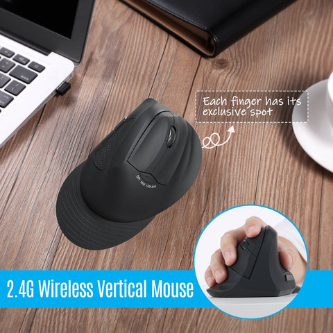 2.4G Wireless Optical Mouse Vertical Mouse 6 Keys Ergonomic Office Mice with 3-gear Adjustable DPI for PC Laptop Black